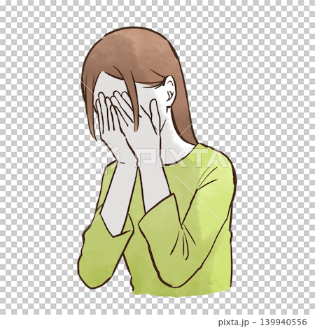 A young woman (upper body, bust-up) covering her face with both hands - watercolor-style hand-drawn illustration. A young woman (upper body, bust-up) covering her face with both hands - watercolor-style hand-drawn illustration. 139940556