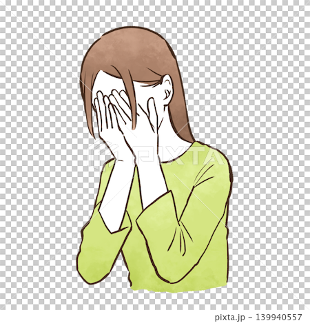 両手で顔を覆う若い女性(上半身・バストアップ) 水彩風の手描きイラスト素材 両手で顔を覆う若い女性(上半身・バストアップ) 水彩風の手描きイラスト素材 139940557