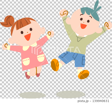 一個男孩和一個女孩高興地跳了起來 一個男孩和一個女孩高興地跳了起來 139940631