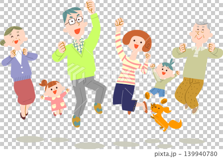 A three-generation family jumps for joy. A three-generation family jumps for joy. 139940780