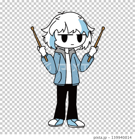 A full-body illustration of a boy with a simple touch, holding drumsticks and a deadpan expression. A full-body illustration of a boy with a simple touch, holding drumsticks and a deadpan expression. 139940814