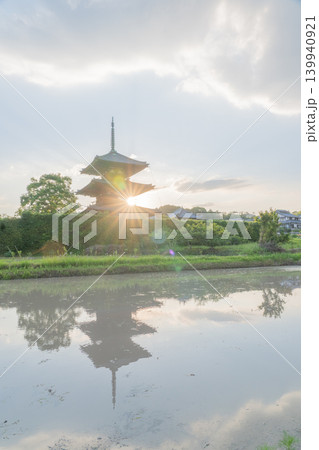 斑鳩の初夏の風景である法起寺を映し出す水温む水田っを撮影 斑鳩の初夏の風景である法起寺を映し出す水温む水田っを撮影 139940921