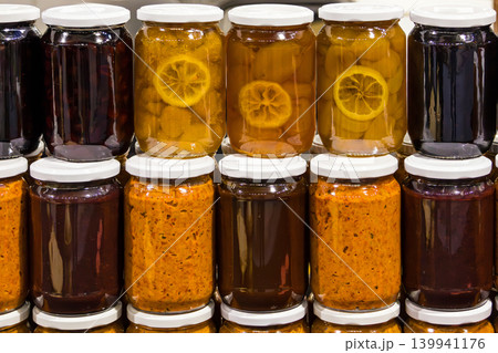 Homemade preserved food in jars Homemade preserved food in jars 139941176