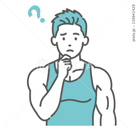 パーソナルトレーナー(マッチョな男性)の疑問・悩むポーズのイラスト パーソナルトレーナー(マッチョな男性)の疑問・悩むポーズのイラスト 139941429