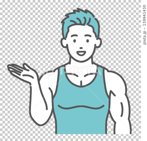 Illustration of a personal trainer (a muscular man) guiding and introducing himself. Illustration of a personal trainer (a muscular man) guiding and introducing himself. 139941430