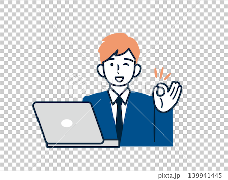 A smiling man opens his PC and makes a good gesture. A smiling man opens his PC and makes a good gesture. 139941445