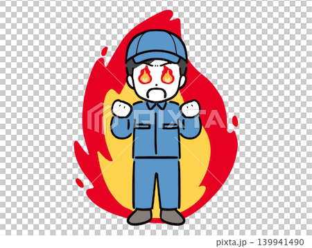A young male worker and flames burning fiercely. A young male worker and flames burning fiercely. 139941490