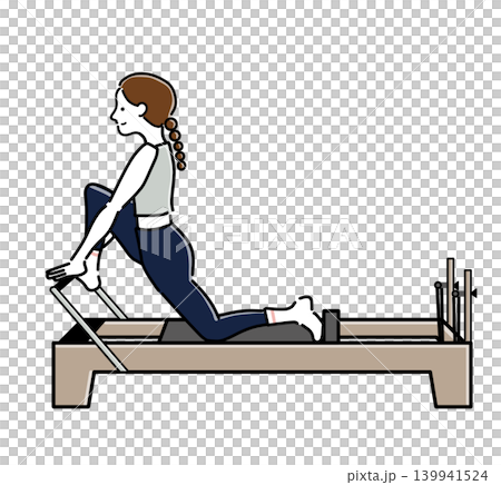 A woman stretching her legs using a Pilates machine. A woman stretching her legs using a Pilates machine. 139941524