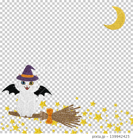 [Black cat vampire riding a broom with a frame of the moon and stars] Hand-embroidered illustration material 139942425