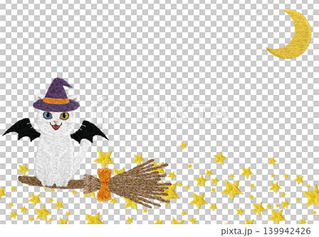 [A black cat vampire riding a broomstick with a horizontal frame of the moon and stars] Hand-embroidered illustration material 139942426