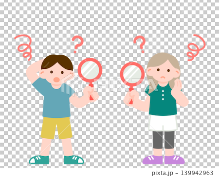 Children using magnifying glasses to investigate questions and mysteries: Inquiry-based learning and observation 139942963