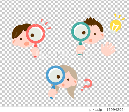 A set of icon sets of children's faces holding magnifying glasses (images of surprise, discovery, question, and learning). 139942964