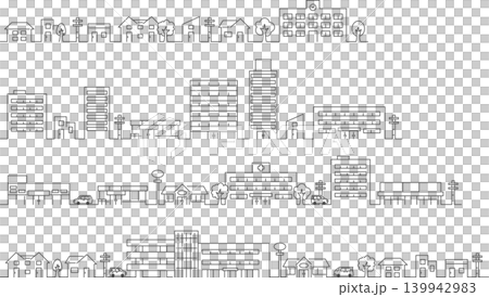 A set of monochrome cityscapes drawn with simple lines (residential area, office district, shops, etc.) A set of monochrome cityscapes drawn with simple lines (residential area, office district, shops, etc.) 139942983