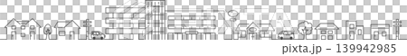A monochrome streetscape of a shopping center and residential area, drawn with simple lines. 139942985