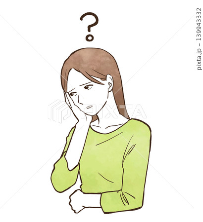 分からない・思い出せない様子の若い女性とはてなマーク　水彩風の手描きイラスト素材 139943332