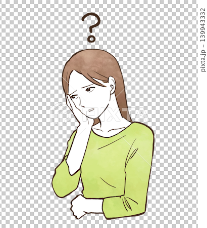 分からない・思い出せない様子の若い女性とはてなマーク　水彩風の手描きイラスト素材 139943332