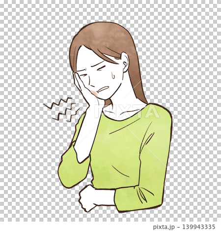 虫歯・歯のトラブルで腫れた頬を片手で押さえる若い女性（上半身）　水彩風の手描きイラスト素材 139943335