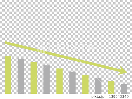 A set of arrows (green and gray) consisting of a long, downward-sloping graph made up of many bars. A set of arrows (green and gray) consisting of a long, downward-sloping graph made up of many bars. 139943349