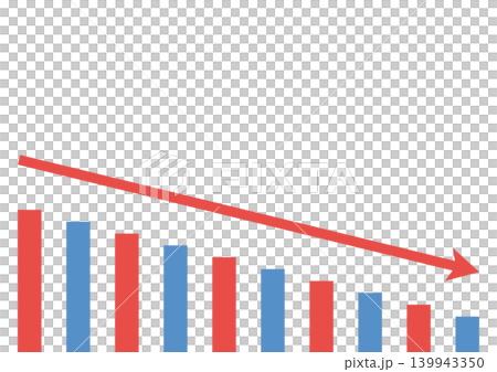 A set of arrows (red and blue) consisting of a long, downward-sloping graph made up of many bars. 139943350