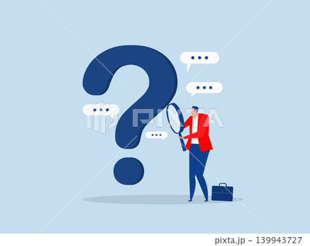 Businessman analyst using magnifying glass to analyze question mark sign. analysis, research and leadership skill to find solution or answer vector 139943727
