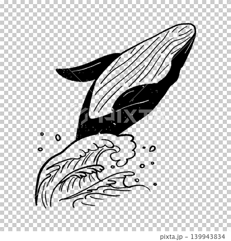 一幅木版畫風格的圖像,描繪了一頭鯨魚躍出水面,激起波浪的動感景象。 一幅木版畫風格的圖像,描繪了一頭鯨魚躍出水面,激起波浪的動感景象。 139943834