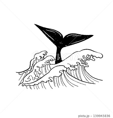 版画風版画風　海に潜るクジラの尾ひれと波　単色　モノクロ 139943836