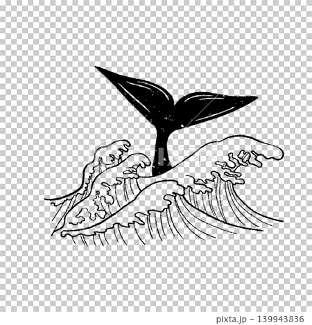 版画風版画風　海に潜るクジラの尾ひれと波　単色　モノクロ 139943836