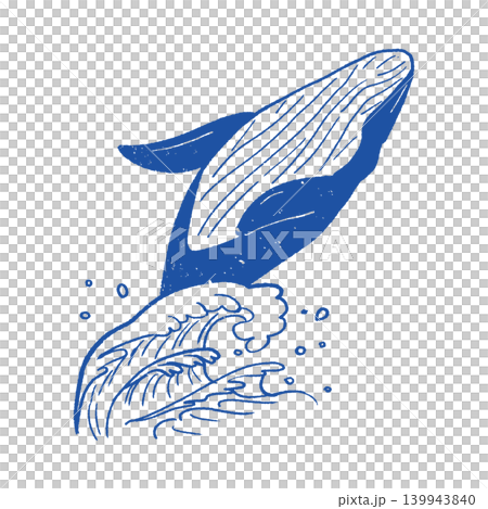 Woodblock print style: A whale dynamically jumping and splashing waves (blue) 139943840