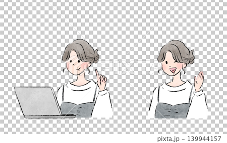 A set of illustrations depicting a woman working on a computer and striking various poses. 139944157
