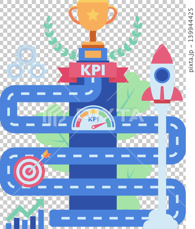 Business KPI Achievement Roadmap with Performance Metrics and Trophy 139944425