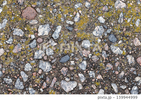 Close-up of gravel pavement showing mixed stones, pebbles and yellow-green moss 139944999