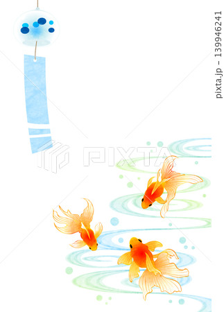 暑中見舞いはがきイラスト、金魚、風鈴、和風、かわいい、縦 139946241