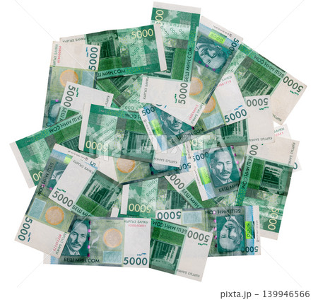 Scattered Pile of Green and White Banknotes isolated on White Background Scattered Pile of Green and White Banknotes isolated on White Background 139946566
