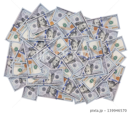 Scattered Pile of One Hundred US Dollar Bills on White Background Scattered Pile of One Hundred US Dollar Bills on White Background 139946570