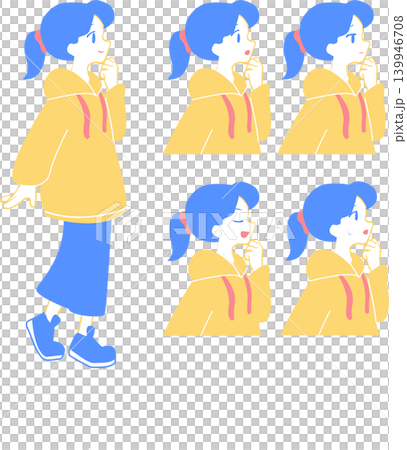 A woman in blue and yellow with her hand on her chin in profile. A woman in blue and yellow with her hand on her chin in profile. 139946708