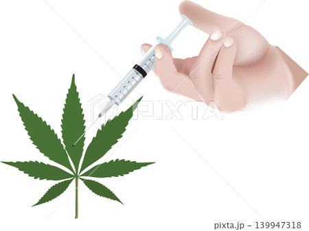 cannabis hand with syringe injects 139947318