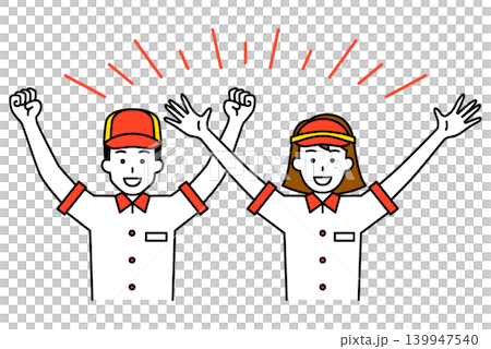 Male and female fast-food restaurant employees cheering. Male and female fast-food restaurant employees cheering. 139947540
