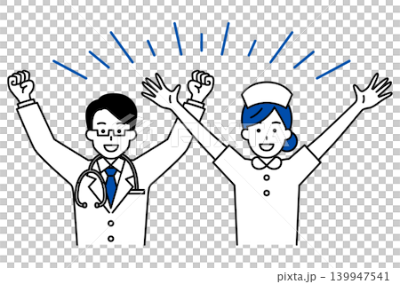 Doctors and nurses cheering in celebration Doctors and nurses cheering in celebration 139947541