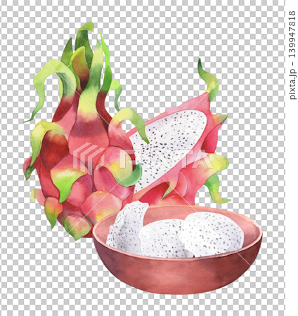 Bowl with the pitahaya pulp and pitahaya fruit. Watercolor illustration. Handmade art work. For packaging design, cards, cover, prints, product labels and fabric. Bowl with the pitahaya pulp and pitahaya fruit. Watercolor illustration. Handmade art work. For packaging design, cards, cover, prints, product labels and fabric. 139947818