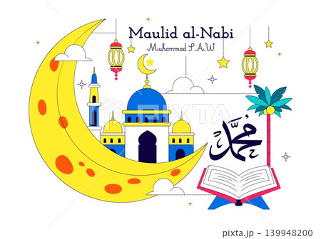 Maulid Nabi Vector Illustration Featuring Islamic Mosque, Crescent Moon, Lantern and Mawlid Celebration Design Templat 139948200