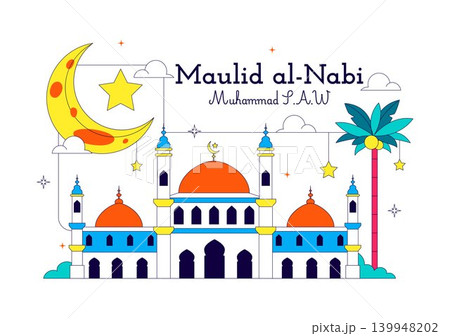 Maulid Nabi Vector Illustration Featuring Islamic Mosque, Crescent Moon, Lantern and Mawlid Celebration Design Templat Maulid Nabi Vector Illustration Featuring Islamic Mosque, Crescent Moon, Lantern and Mawlid Celebration Design Templat 139948202