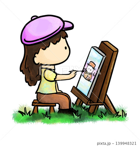 Little artist girl painting on canvas on grass cartoon illustration Little artist girl painting on canvas on grass cartoon illustration 139948321