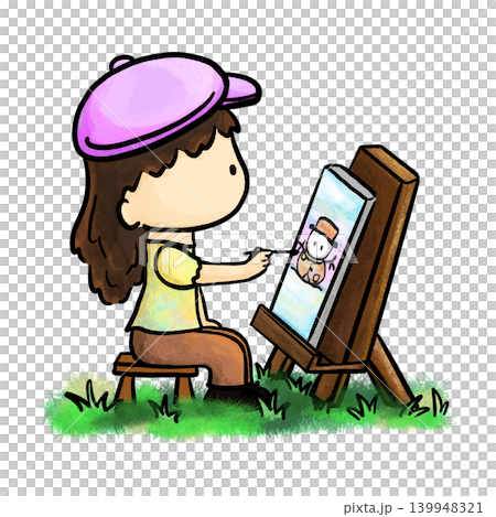 Little artist girl painting on canvas on grass cartoon illustration Little artist girl painting on canvas on grass cartoon illustration 139948321