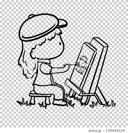 Little artist girl painting on canvas on grass cartoon outline illustration Little artist girl painting on canvas on grass cartoon outline illustration 139948324