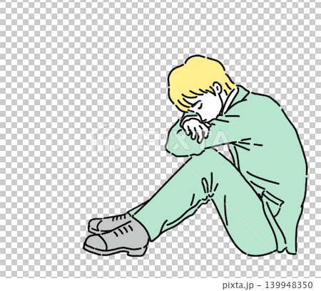 A color illustration of a businessman with his knees hugged to his chest and his head bowed. A color illustration of a businessman with his knees hugged to his chest and his head bowed. 139948350