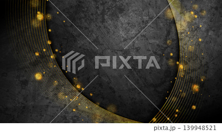 Abstract black grunge wall background with golden wavy lines and bokeh lights Abstract black grunge wall background with golden wavy lines and bokeh lights 139948521