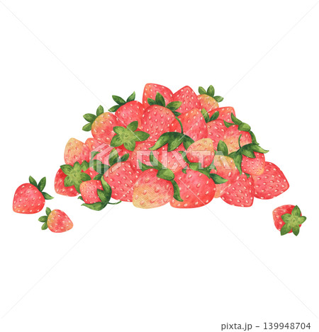 A handful of bright ripe, juicy strawberries. Summer garden strawberry or wild berries. Cartoon or children's style illustration. Watercolor illustration hand-drawn and isolated on a white background A handful of bright ripe, juicy strawberries. Summer garden strawberry or wild berries. Cartoon or children's style illustration. Watercolor illustration hand-drawn and isolated on a white background 139948704