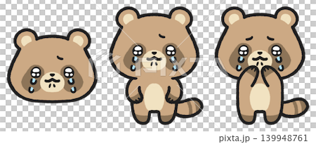 A set of illustrations of a raccoon dog crying with teary eyes. A set of illustrations of a raccoon dog crying with teary eyes. 139948761