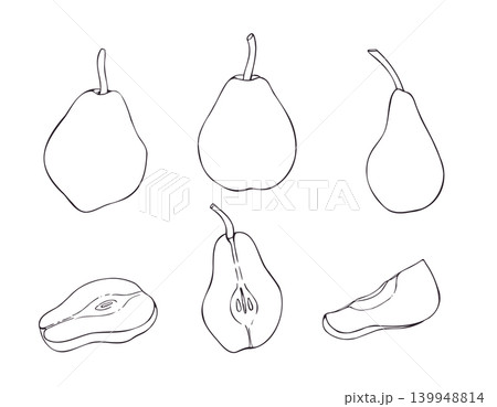 Set of hand drawn pear illustrations. Collection of whole and sliced fruit outlines for culinary design. Sketch style monochrome vector icons for healthy diet and organic food concept. 139948814