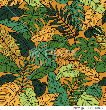 Seamless pattern with palm leaves on orange background 139948817